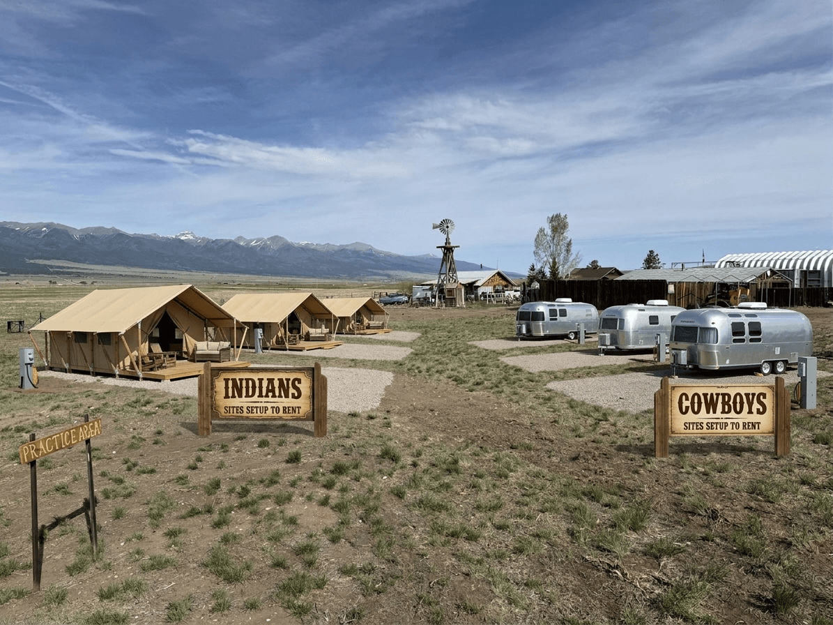 Glamping practice area concept with tents and Airstream sites