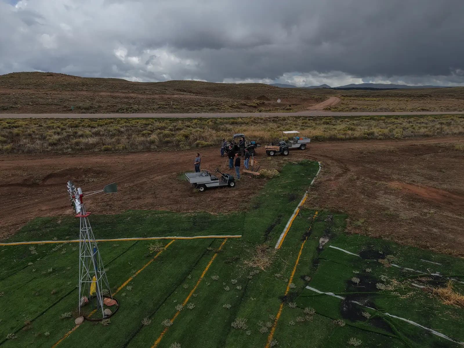 Aerial survey of the crew and course build near the windmill and access road