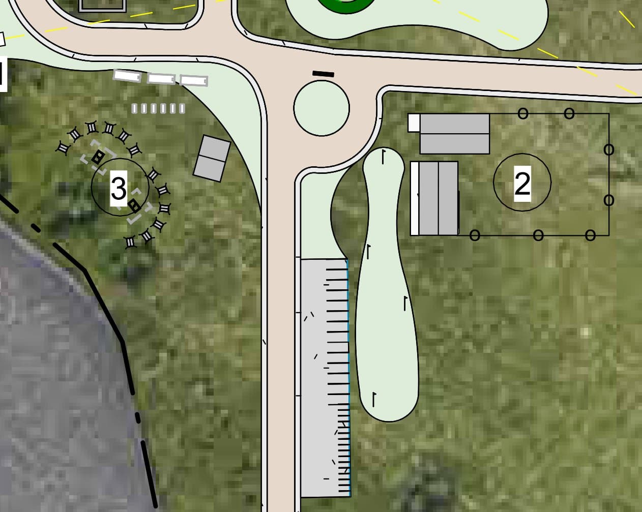 Back Nine site plan excerpt showing site 3 — the circular layout designated for Cowboys (Airstreams) and Natives (tent/camper sites) — near the entry roundabout, with site 2's existing building footprint nearby and the Sheepherder Wagon further west along the pond edge