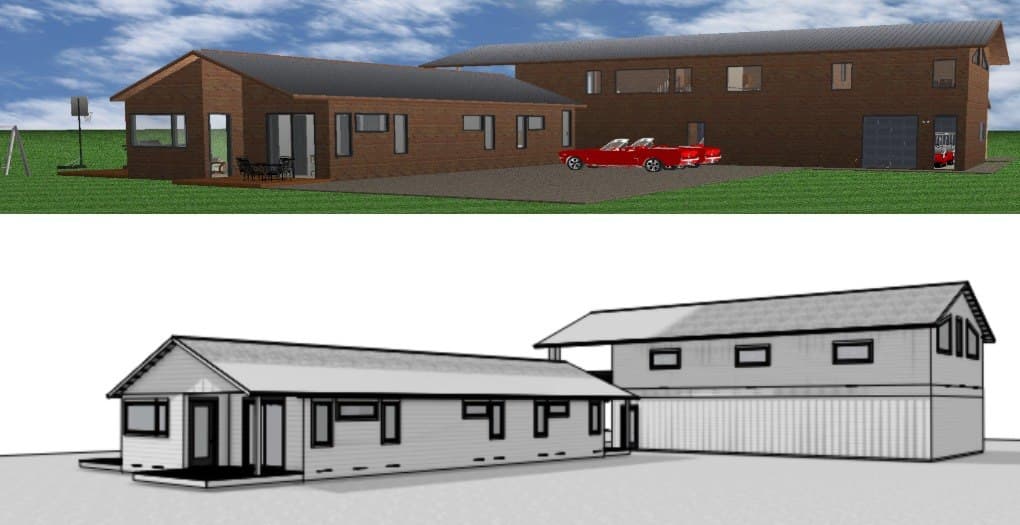 Two renderings from the opposite corner of the site showing how the caretaker house and Party Barn sit aligned together โ top: Devon's colored CAD model with covered patio, breezeway, and the taller Party Barn with garage bay; bottom: VIZ's matching grayscale sketch of the same corner