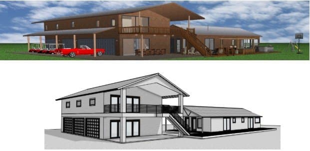 Two renderings of the front-facing view of the Party Barn and caretaker house โ top: Devon's colored CAD model showing garage bays, exterior stair up to The Roost deck, and the breezeway connecting to the caretaker house; bottom: VIZ's matching grayscale sketch of the same front view