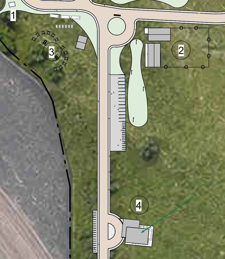 Site plan excerpt showing Zone 4 (Golf Clubhouse) marked with a green arrow at the bottom of the entry road, near the roundabout, with Zone 1 (grounds), Zone 2 (existing building near the roundabout), and Zone 3 (circular wagon/tent sites) also marked