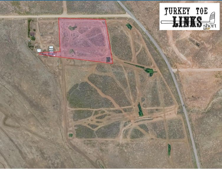Aerial view of Turkey Toe's grounds with the red perimeter line marking the Short Course boundary — anything outside the red line is out of bounds