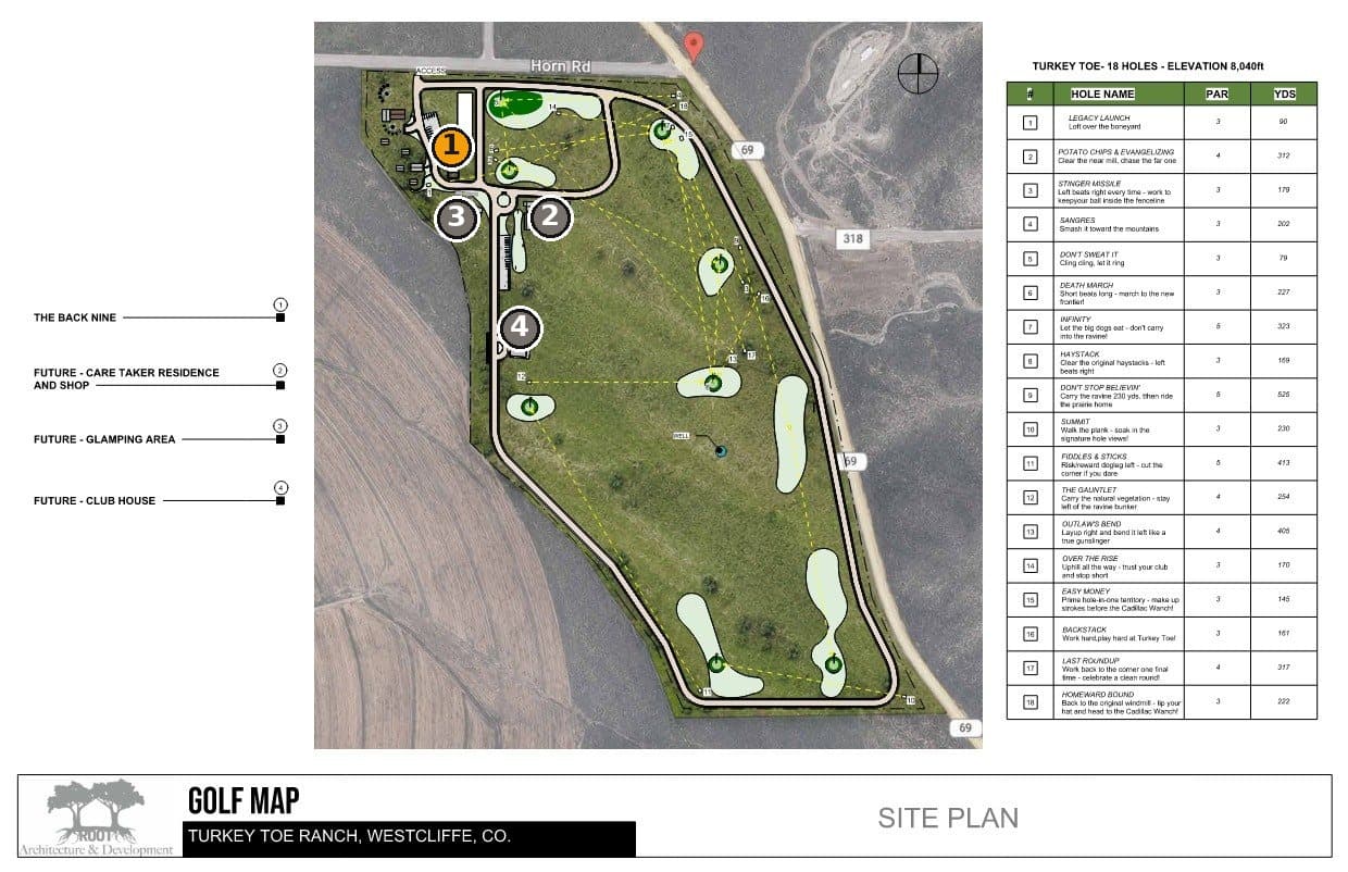 Turkey Toe Ranch final 18-hole golf map with four numbered development zones marked directly on the site β Westcliffe, CO at 8,040ft elevation