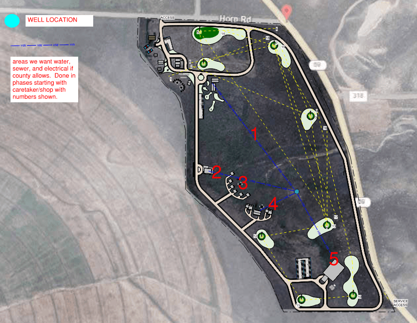 Updated Turkey Toe master plan showing proposed water, sewer, and electrical line locations by phase