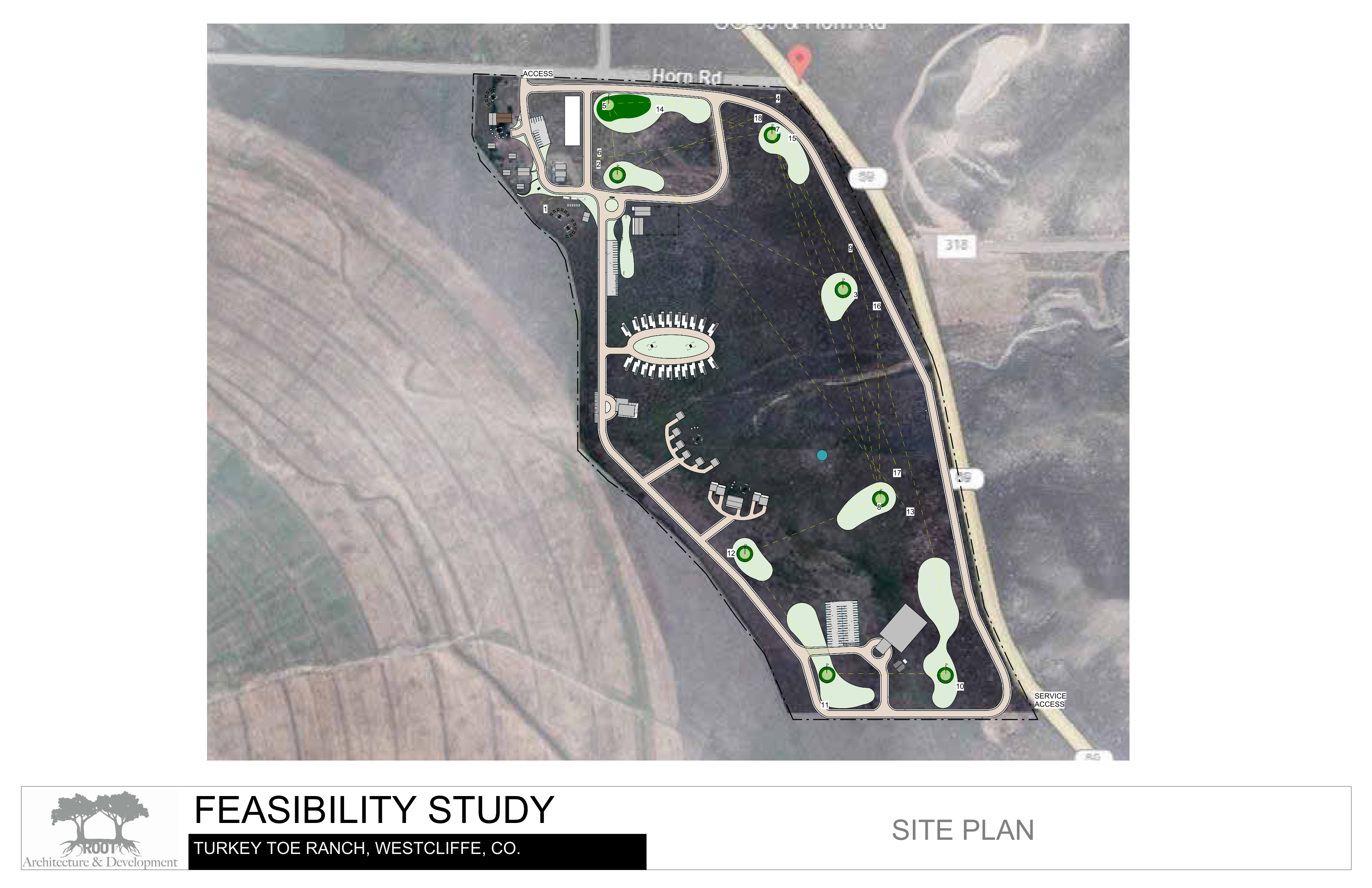 Turkey Toe Ranch expanded feasibility site plan by Root Architecture & Development — not proceeding due to county and water constraints