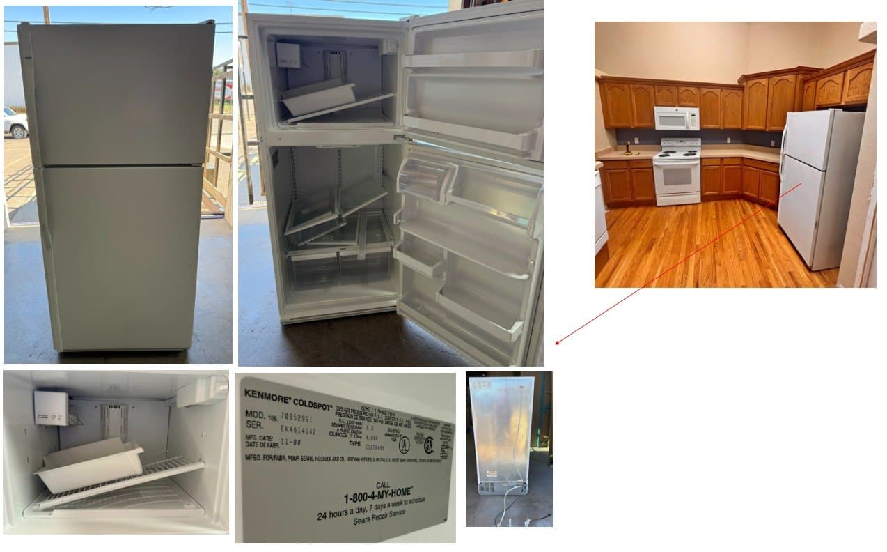 Kenmore Coldspot top-freezer refrigerator shown closed and open during pickup, white finish