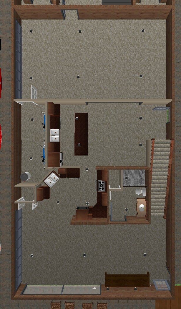 3D top-down render of the bar island, wine rack, and kitchen cabinet run sharing the same open main floor footprint