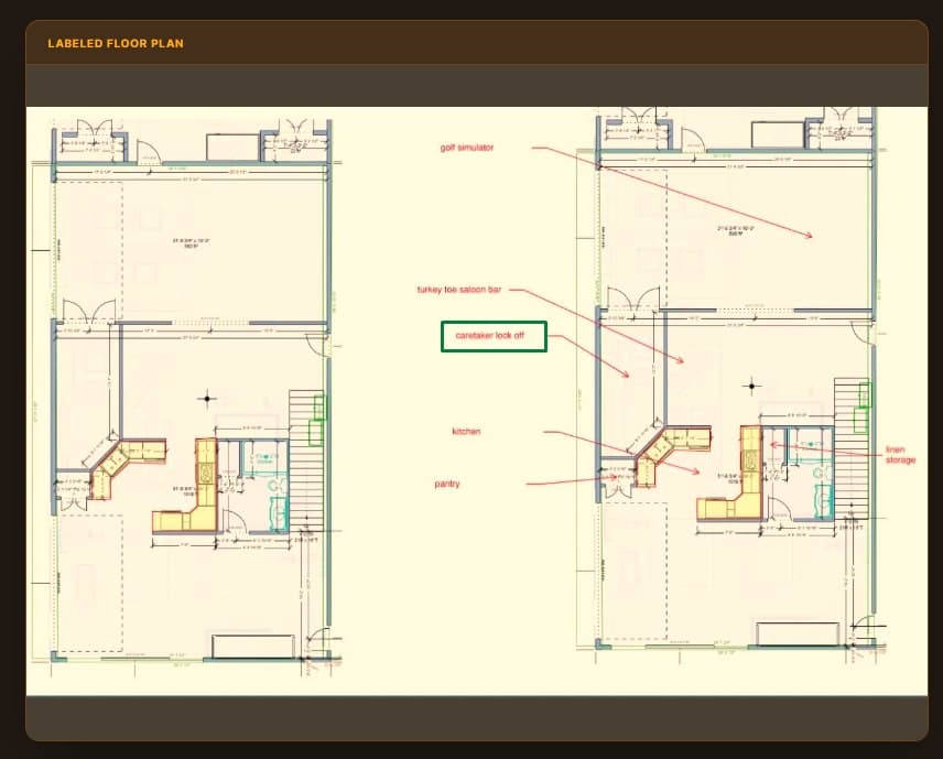 Party Barn main floor plan labeled with golf simulator, Turkey Toe saloon bar, kitchen, pantry, and linen storage callouts — the caretaker lock-off room is boxed in green to highlight its exact location between the saloon bar and kitchen