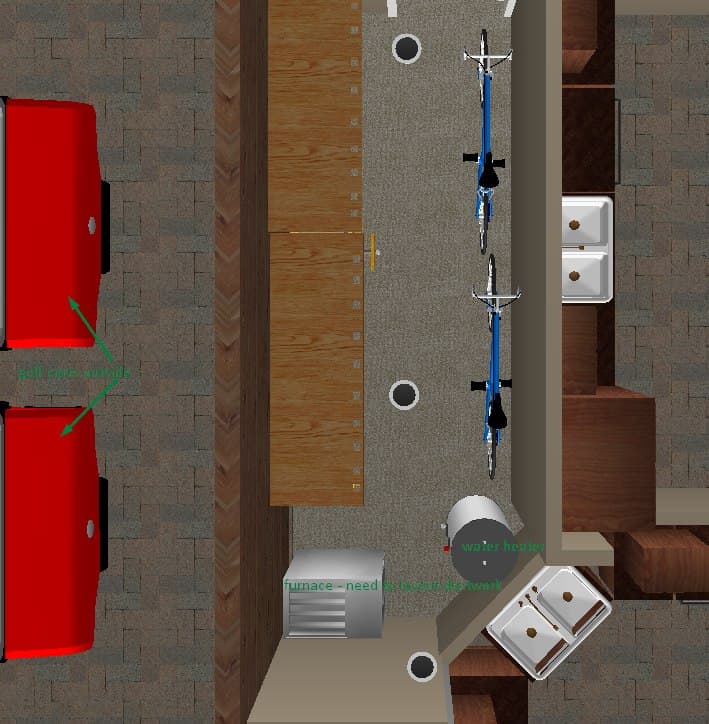 3D top-down render of the mechanical/caretaker room, labeled: red units outside are golf carts (not mechanical equipment), silver cylindrical unit is the water heater, silver boxy unit is the furnace (ductwork layout still needed), plus wall-mounted bikes, wood storage cabinet run, and sink basins