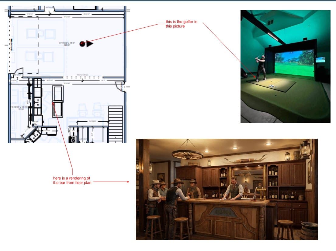 Annotated CAD floor plan with red lines connecting the golf simulator bay location to a photo of a golfer in a simulator bay, and the saloon bar's kitchen-nook location to the western saloon bar rendering
