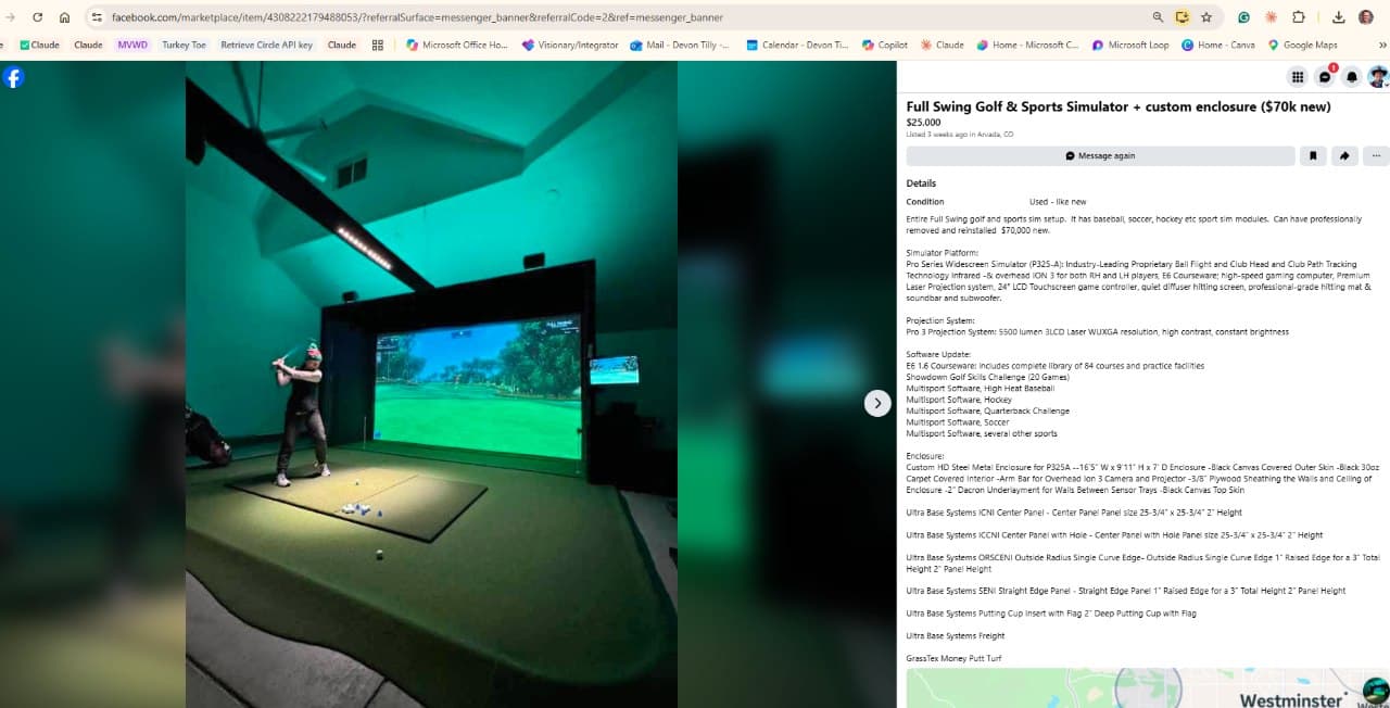 Facebook Marketplace listing: Full Swing Golf & Sports Simulator plus custom enclosure, $25,000, used-like-new, Arvada CO