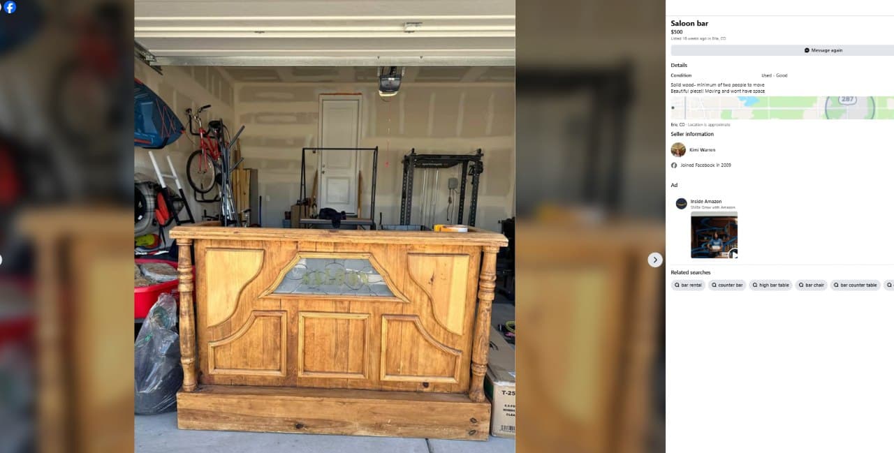 Facebook Marketplace listing: 'Saloon bar', $500, used - good condition, solid wood carved bar front with a stained-glass center panel, Erie CO, seller Kimi Warren