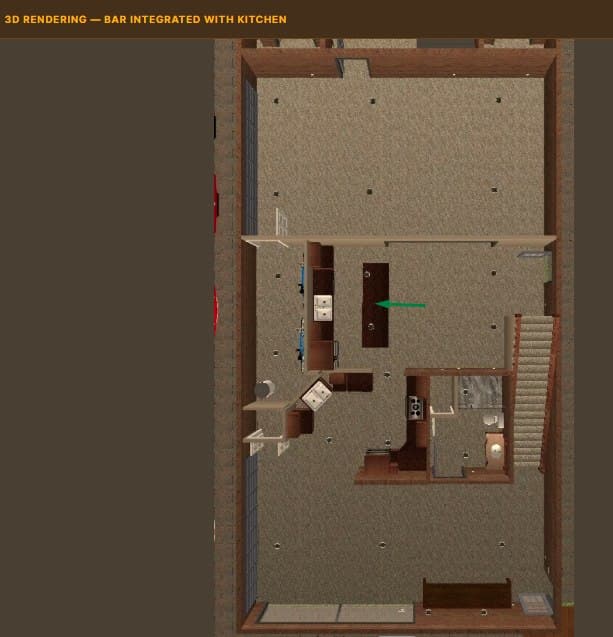 3D top-down rendering of the main floor with the bar integrated into the kitchen footprint, green arrow marking the confirmed location for the golf simulator bay directly off the bar-top island and kitchen counter run, near the staircase