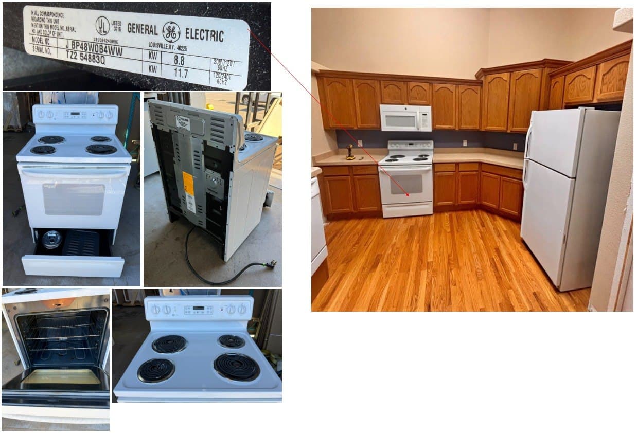 GE electric coil-top range photographed outdoors during pickup, white finish