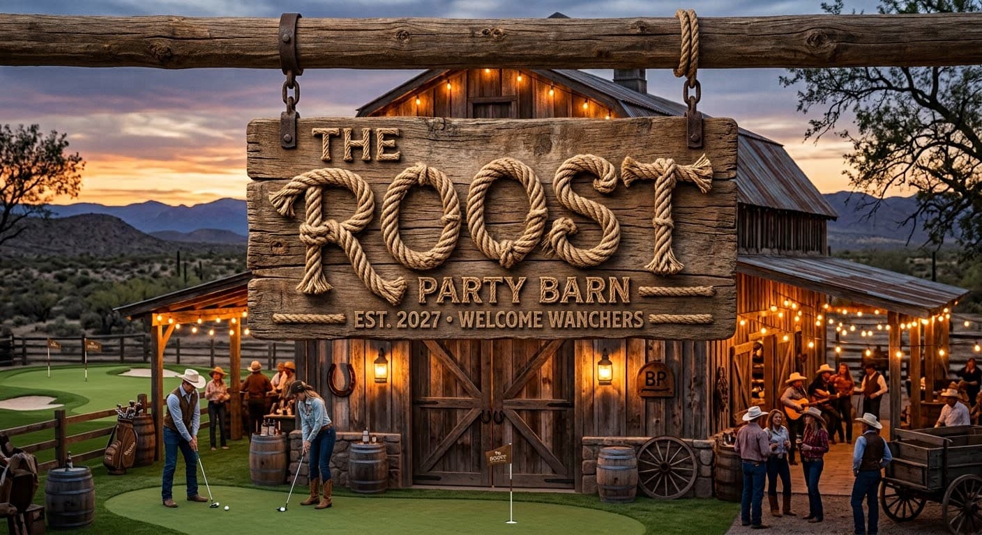 The Roost Party Barn — concept rendering of the sign and exterior at dusk