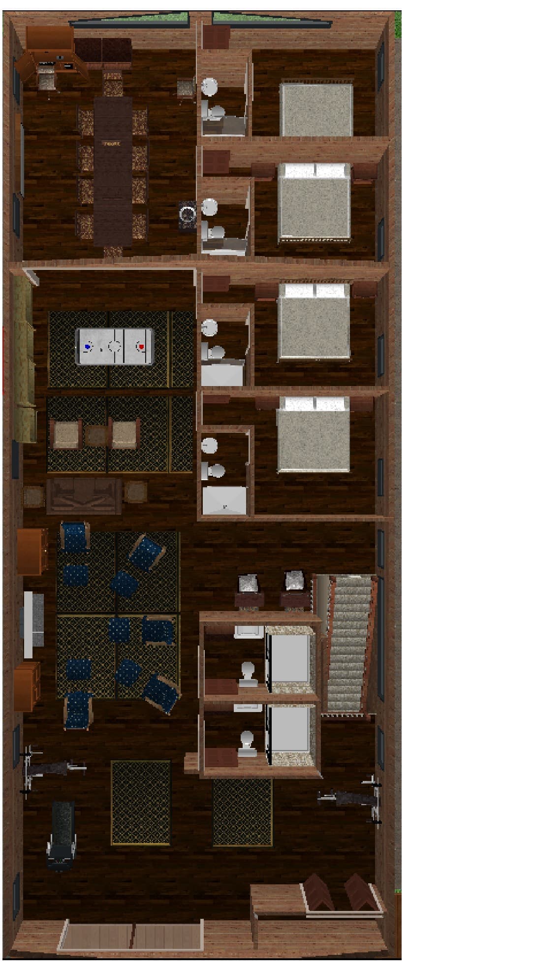3D top-down rendering of the Party Barn upper floor (The Roost) showing the conference room, game area, lounge, bathrooms, and four guest suites