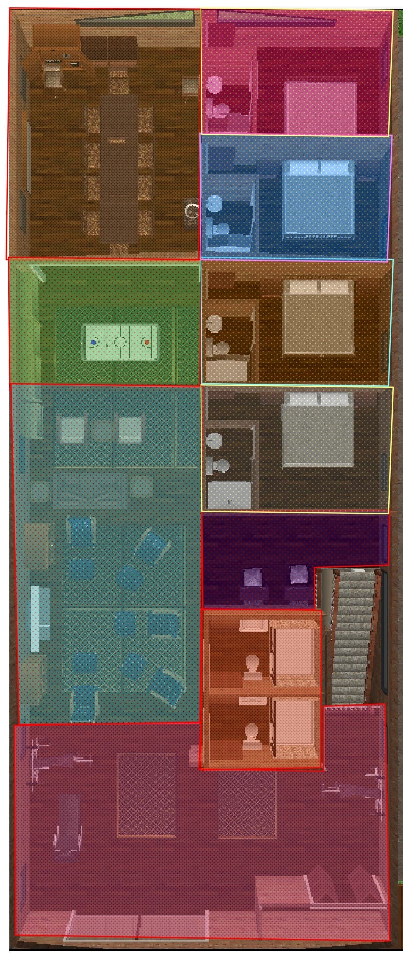 Color-coded floor plan of the Party Barn upper floor (The Roost) showing all 10 zones