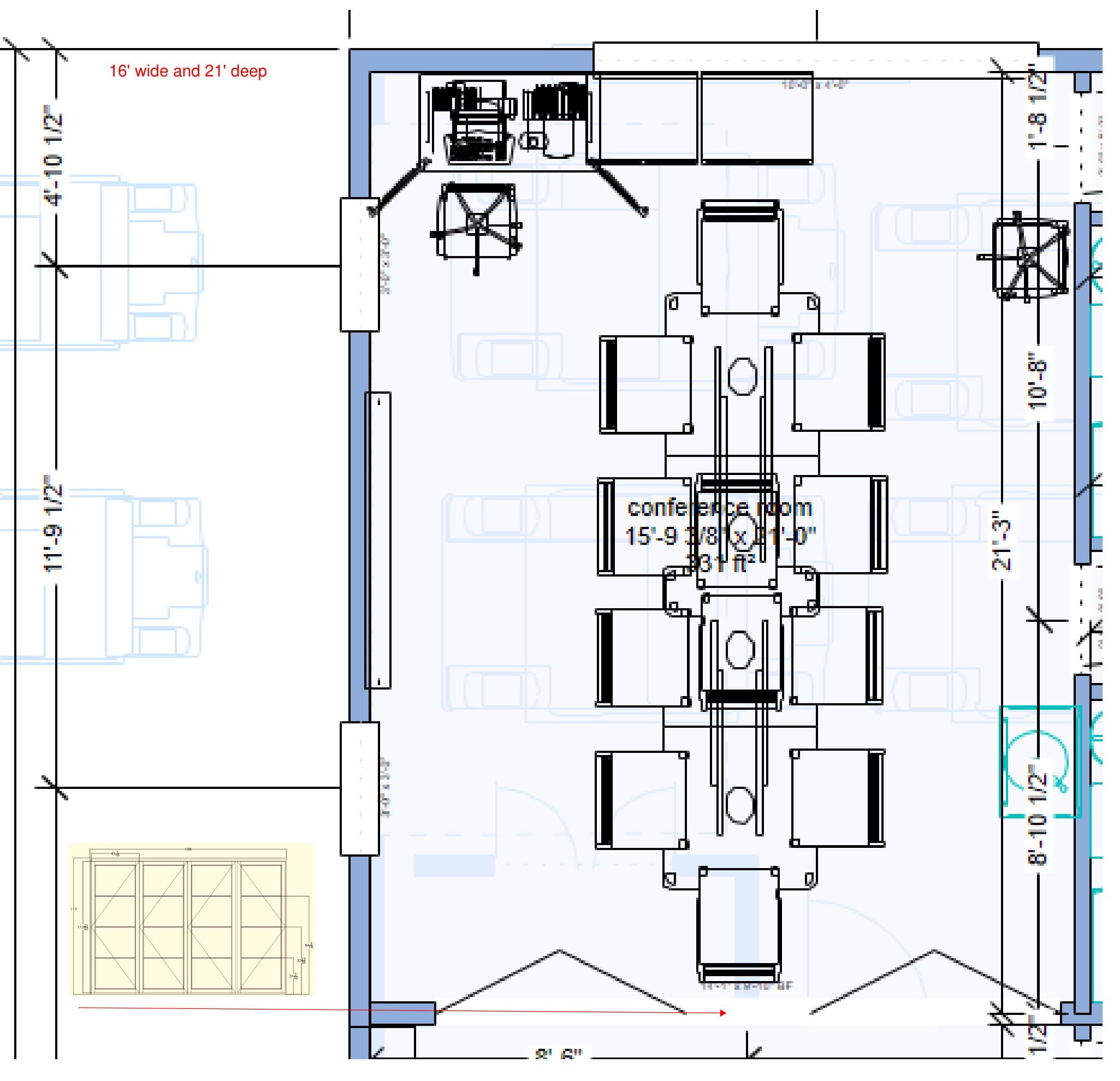 Dimensioned CAD floor plan of the conference room: 15'-9 3/8 inches by 21'-0 inches, 331 square feet, with a conference table seating ten, a computer/AV station in the back-left corner, and a countertop/credenza along the back wall