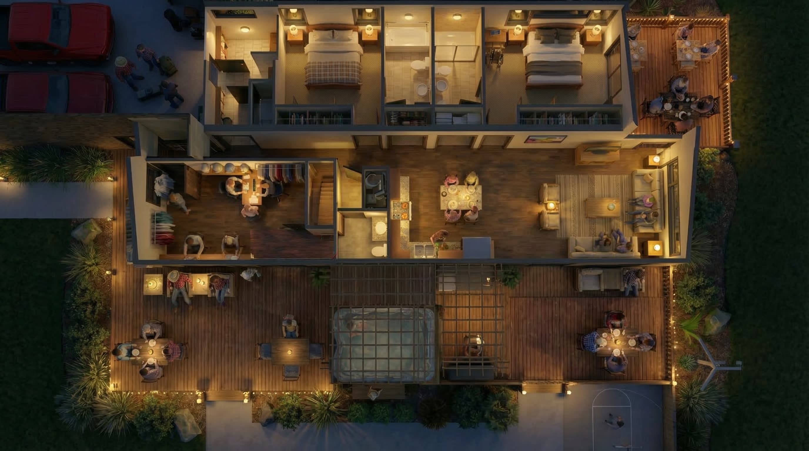 Welcome Center / Caretaker Unit Floor Plan — one house, two shared-use sides
