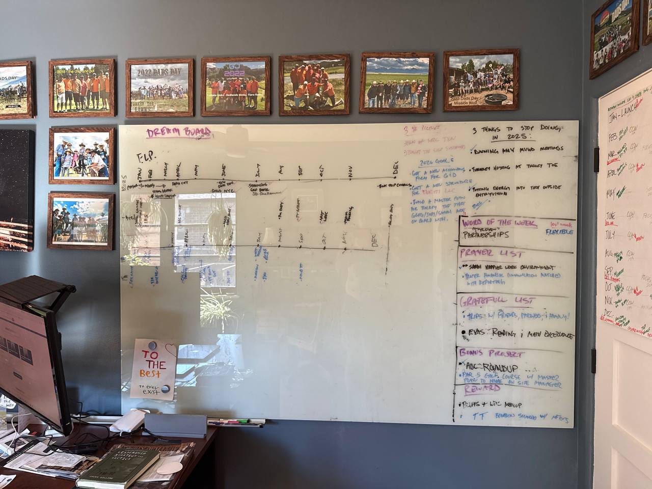 Devon's FLP Dream Board — the actual magnet board running in his office year-round