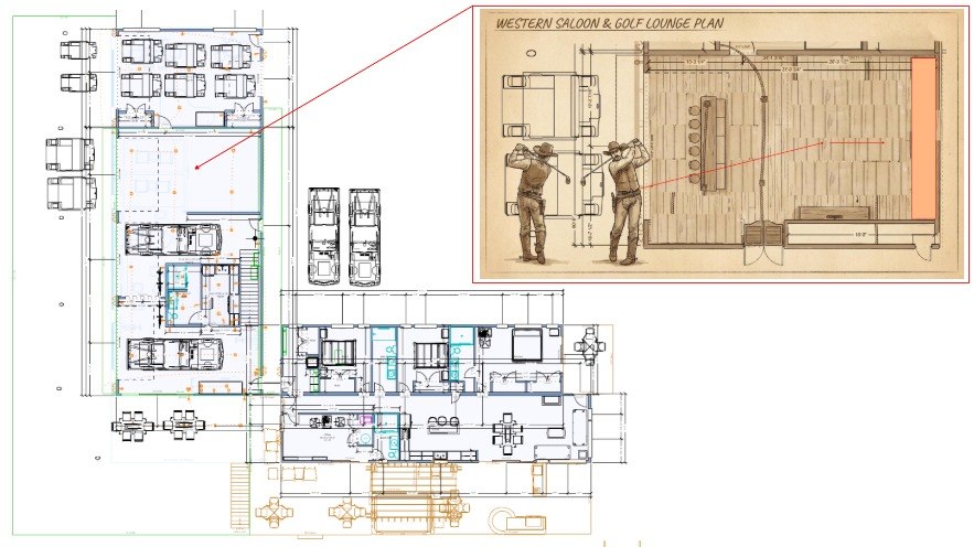 Concept working drawing β Western Saloon & Golf Lounge Plan showing the golf simulator bay and bar built into a double-height atrium, with dimension callouts for ceiling height and chase/equipment clearance, tied to the main floor plan
