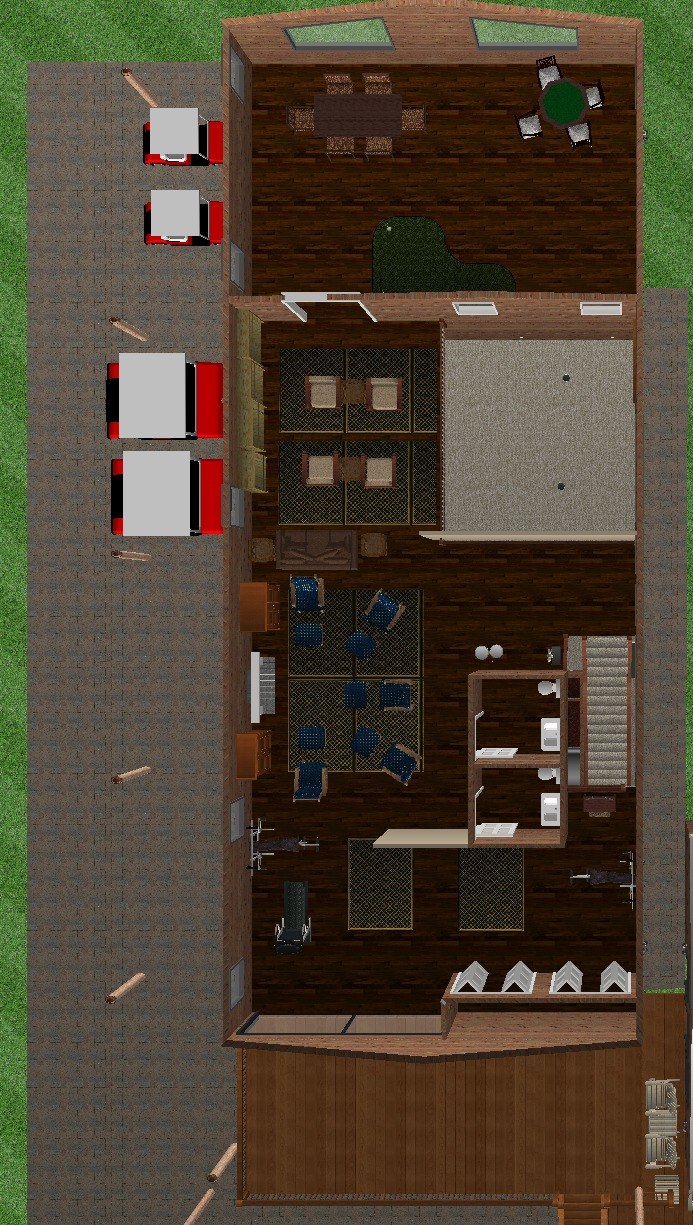 Furnished concept rendering of the redesigned Roost upper level β Gebben Western Library shelving with open lounge floor and conference/meeting table seating along the Andersen window wall, fireside seating, powder rooms, fitness zone, and a bifold-door storage closet for retreat class supplies